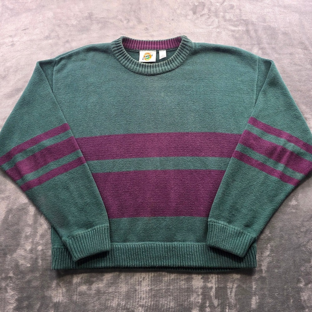 Field Gear Sweater XL Teal Purple Mens Knit 100% Cotton Striped Vintage 90s USA